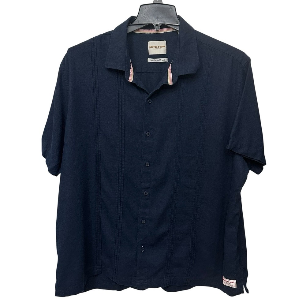 Scotch & Soda Amsterdam Men's 2XL Blue‎ Button-Up Shirt Linen Blend Short Sleeve